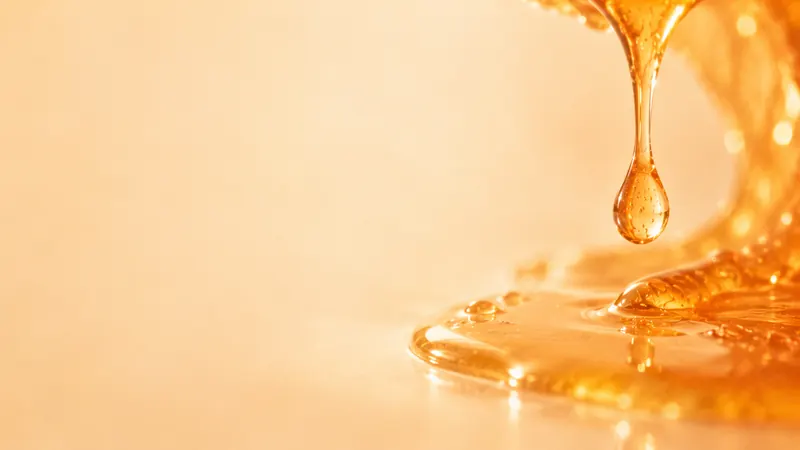 A drop of golden honey falling onto a glowing surface.