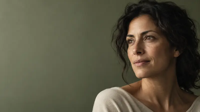 A woman in soft window light against a sage green wall