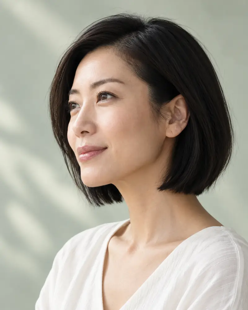 A woman with a black bob in profile, looking towards the light