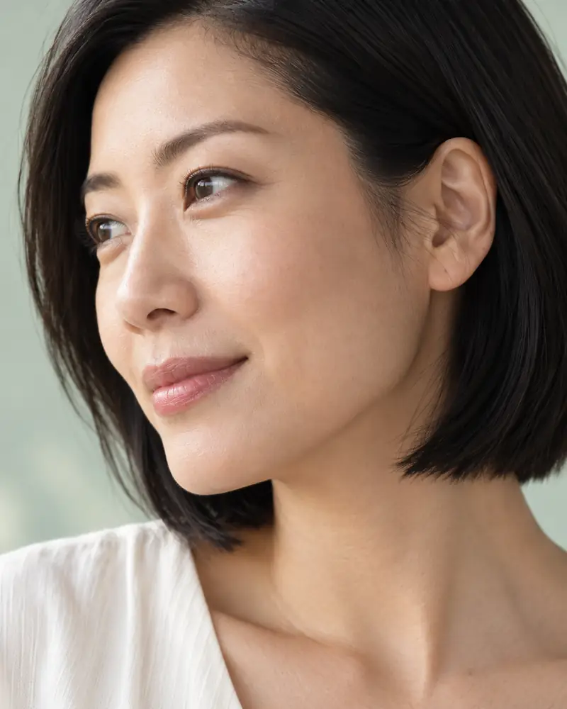 A woman with a black bob in profile, looking towards the light