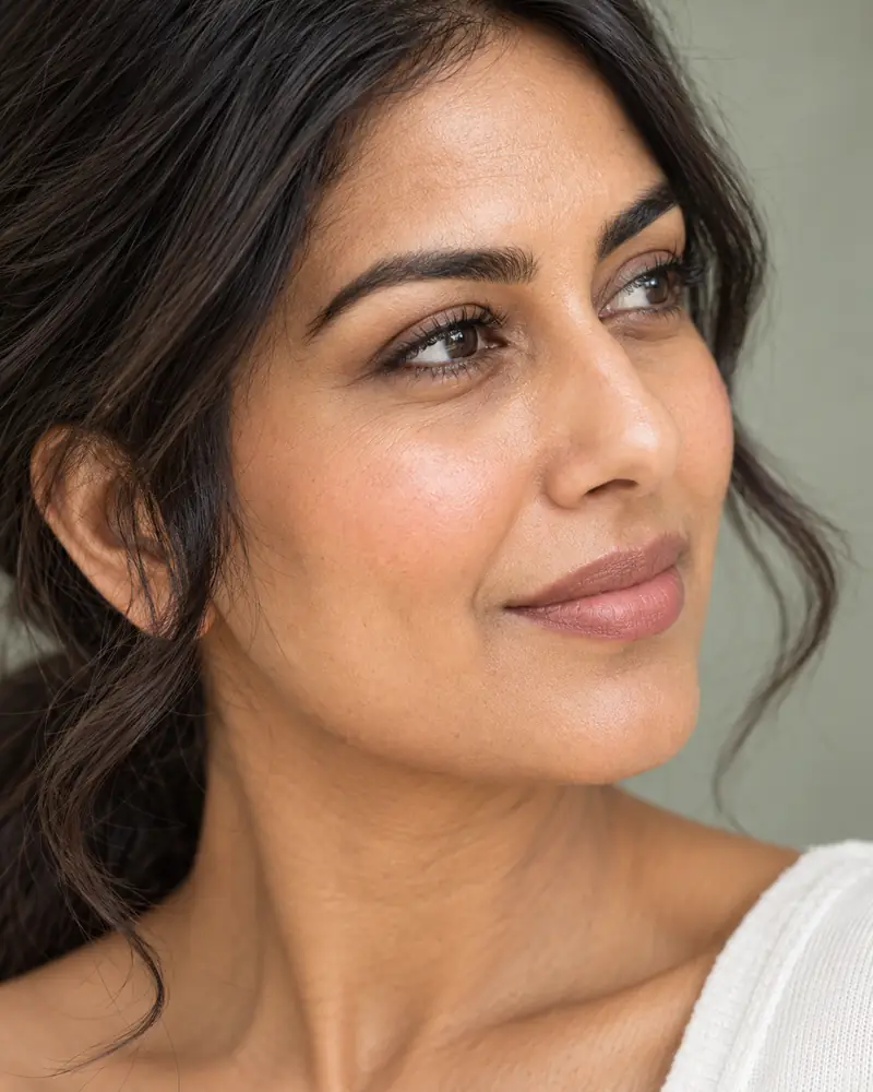 Close portrait of a woman looking softly away from the camera in natural light