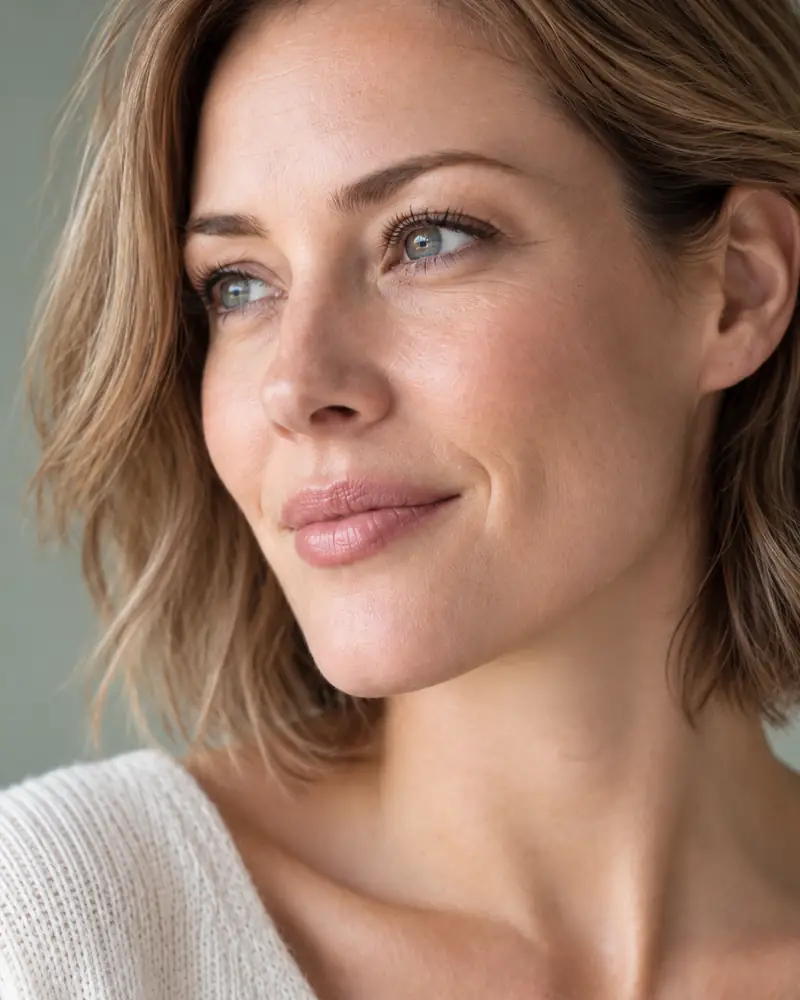 A woman with a blonde bob looking softly to one side