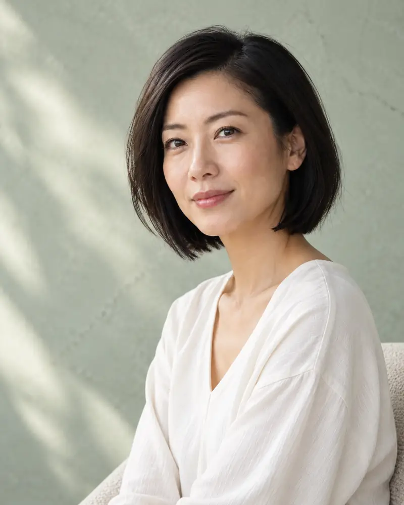 A woman with a black bob seated in soft daylight