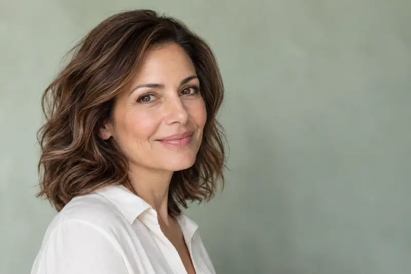 A woman in her forties with wavy brown hair, smiling in daylight. Illustrative image for a PLLA collagen stimulator at LUMEN, Birmingham.