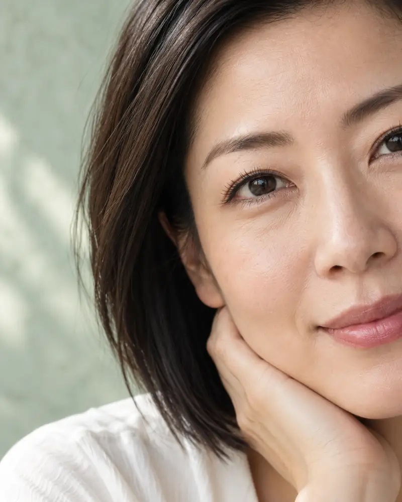 A woman with dark straight hair resting her face on her hand, in soft light