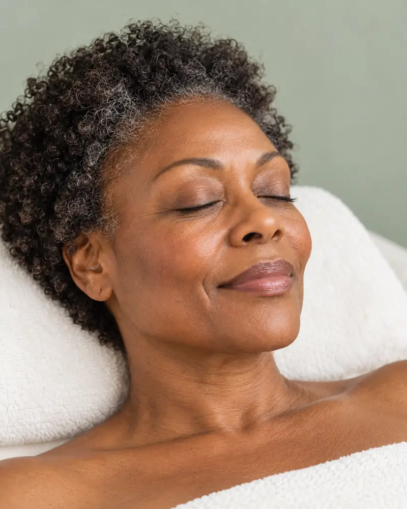 A woman with short grey-black curls resting with her eyes closed on a treatment couch
