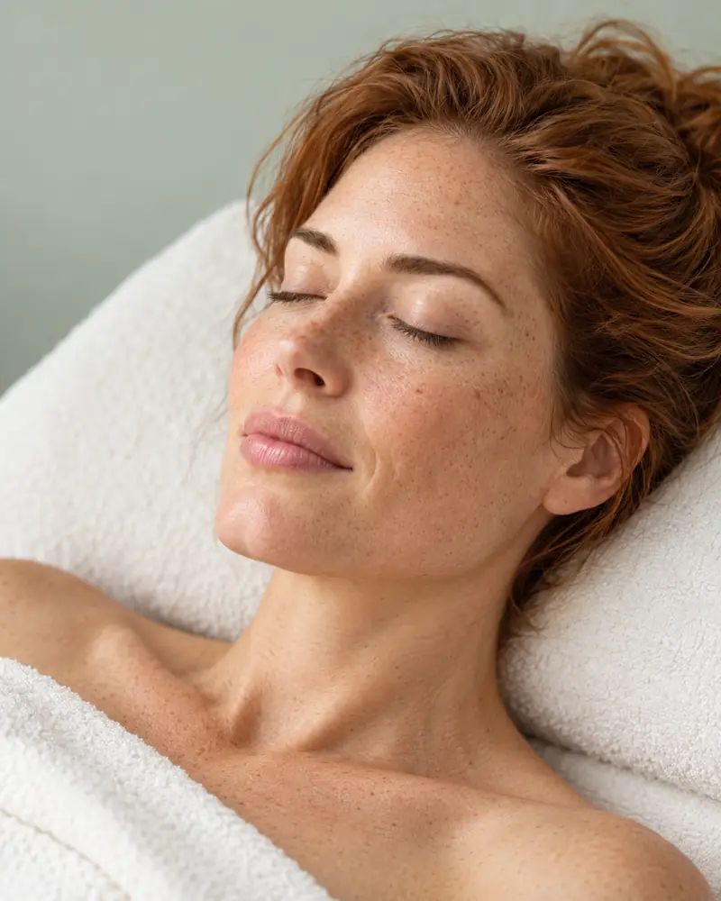 A woman with red hair and freckles resting with her eyes closed on a treatment couch