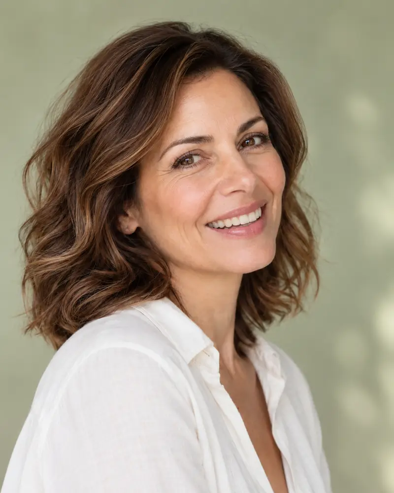 A woman with wavy brown hair laughing in soft daylight